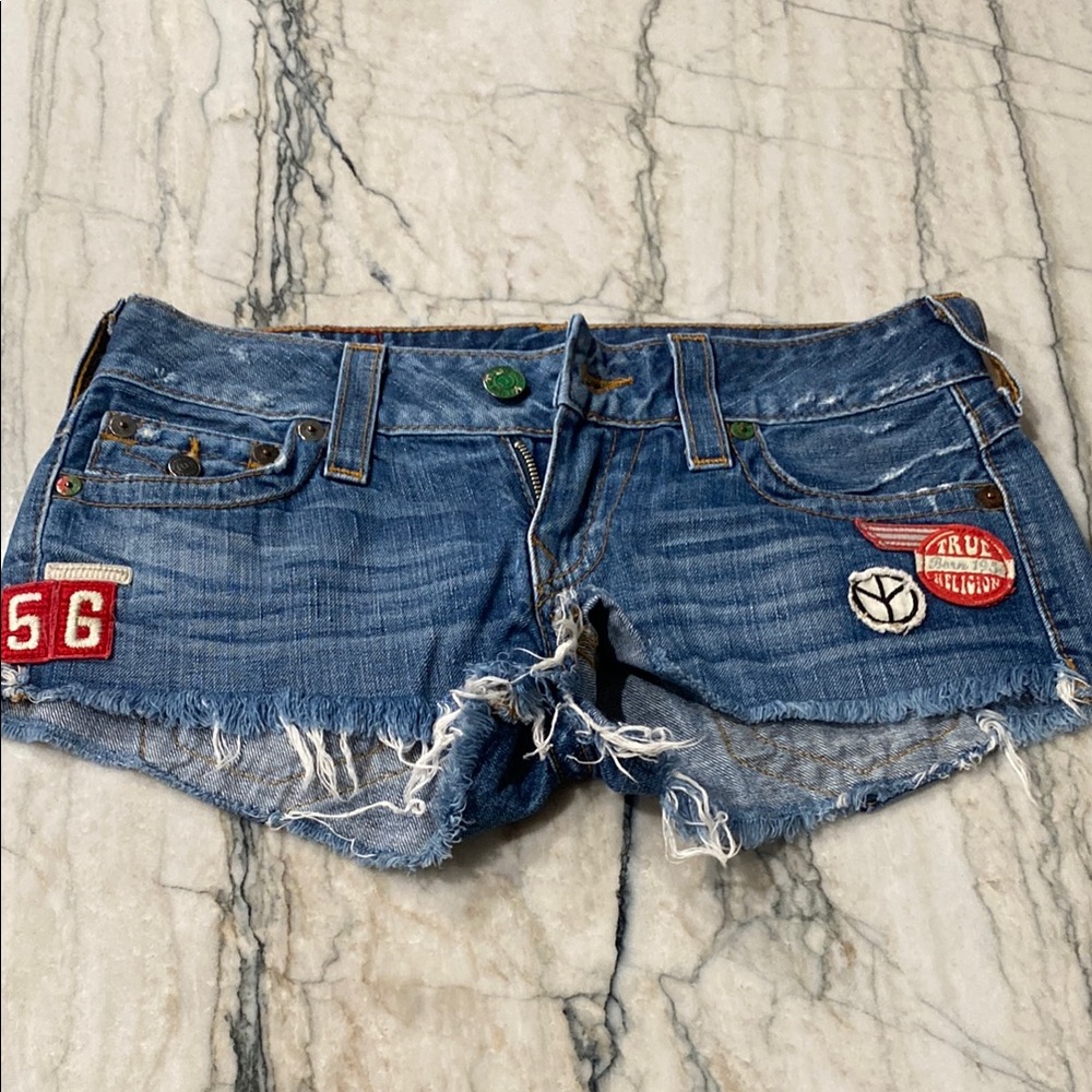 True Religion Cutoff Women's Shorts with Patch Details - Blue